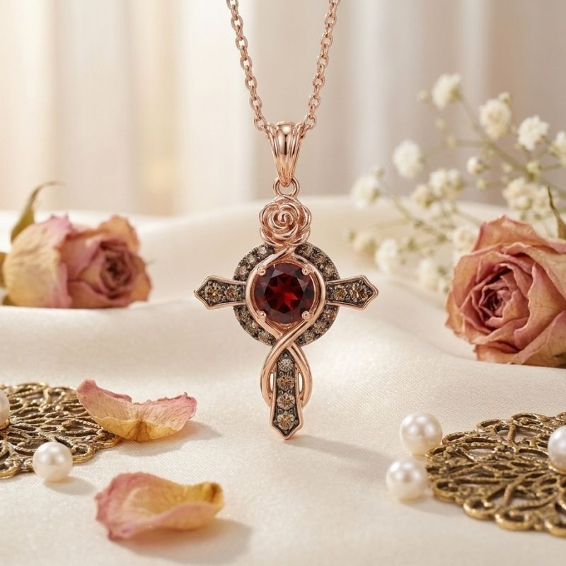 Sotiya Rose Design Faith Cross Coffee Round Cut Necklace Sterling Silver-Sotiya