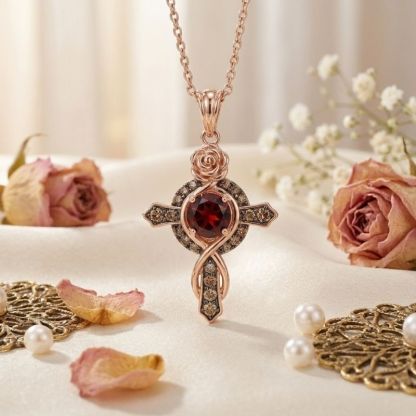 Sotiya Rose Design Faith Cross Coffee Round Cut Necklace Sterling Silver-Sotiya