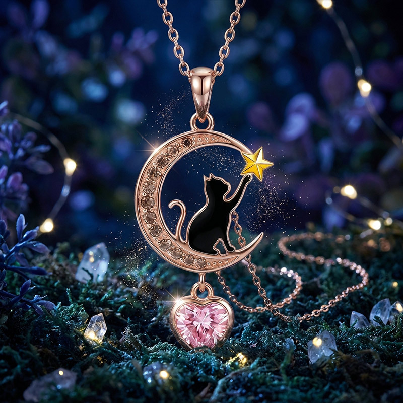 Sotiya Crescent Moon & Black Cat Heart Cut Necklace Sterling Silver-Sotiya