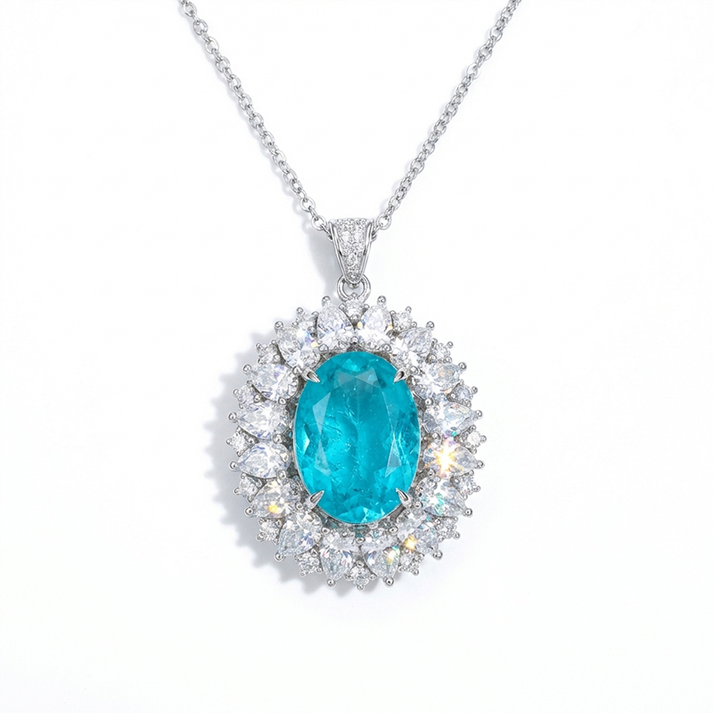 Sotiya Halo Oval Cut Lab Grown Paraiba Necklace Sterling Silver