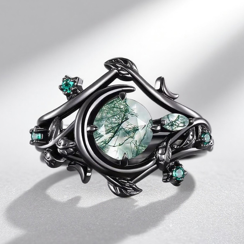 Sotiya Nature Inspired Round Cut Green Moss Agate Wedding Bridal Ring Set Sterling Silver-Sotiya