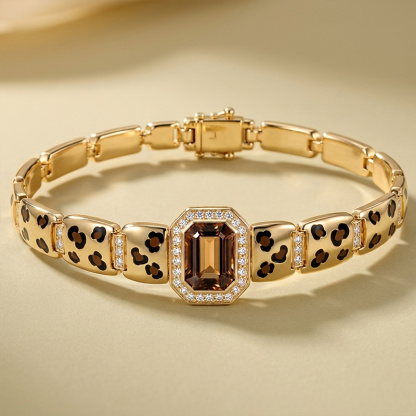 Sotiya Leopard Print Enamel Emerald Cut Coffee Gemstone Halo Link Bracelet
