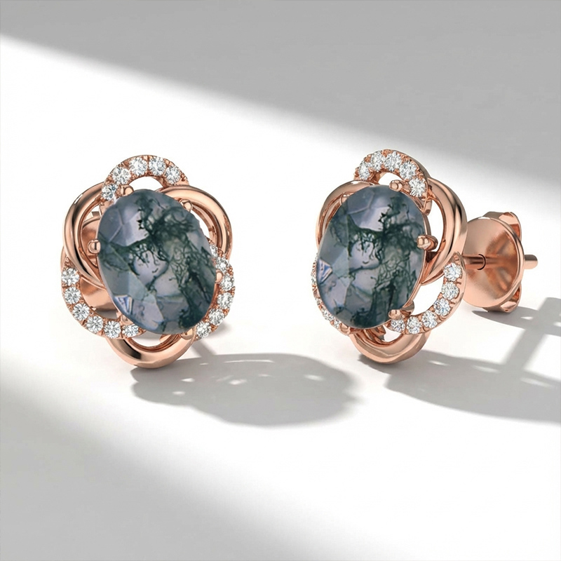 Sotiya Moss Agate Oval Cut Halo Flower Petal Design Stud Earrings Sterling Silver-Sotiya