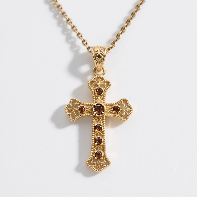 Sotiya Victorian Cross Design Faith Round Cut Coffee Necklace Sterling Silver-Sotiya