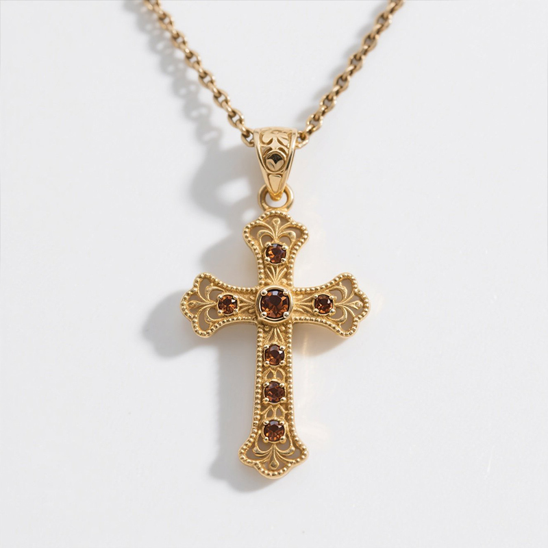 Sotiya Victorian Cross Design Faith Round Cut Coffee Necklace Sterling Silver-Sotiya