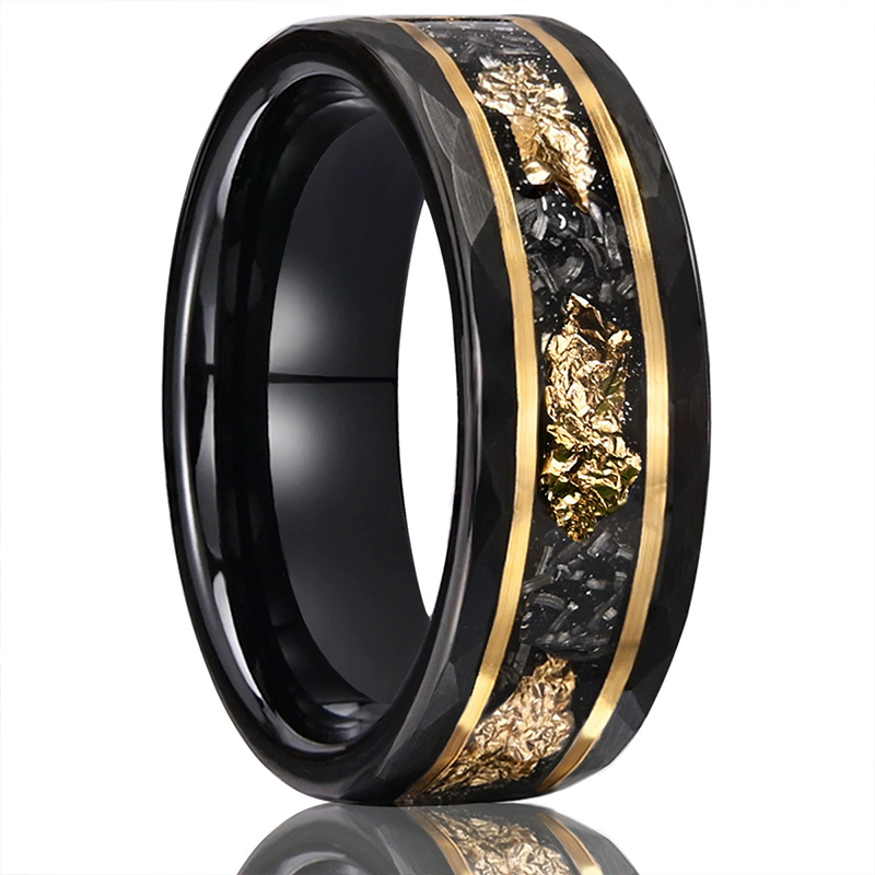 Sotiya Meteorite Gold Leaf Men's Wedding Band 8MM Black Tungsten-Sotiya