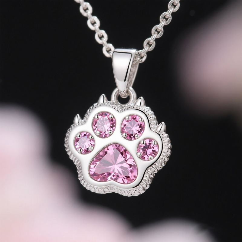 Sotiya Pet Cat Dog Paw Pink Heart Cut Pendant Necklace Sterling Silver-Sotiya