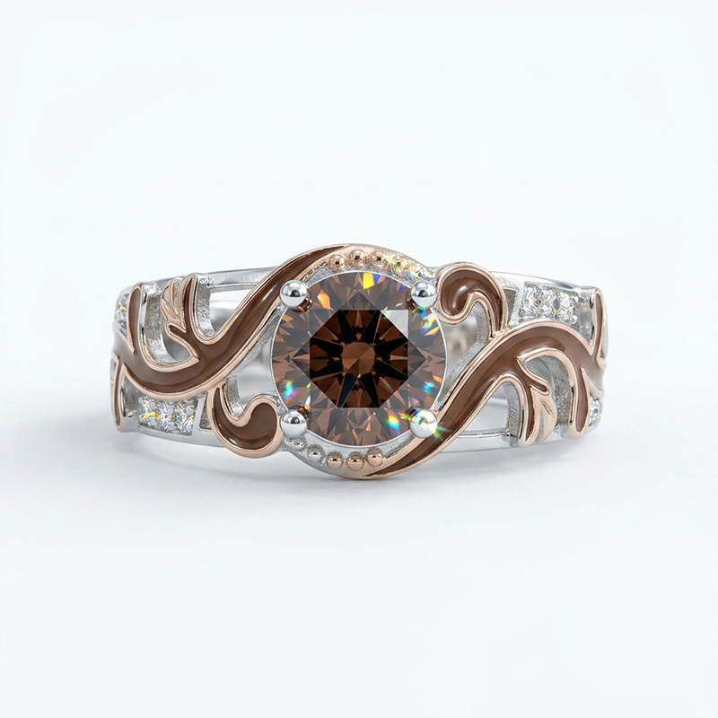 Sotiya Victorian Rococo Enamel Round Cut Coffee Engagement Ring Sterling Silver