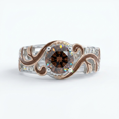 Sotiya Victorian Rococo Enamel Round Cut Coffee Engagement Ring Sterling Silver