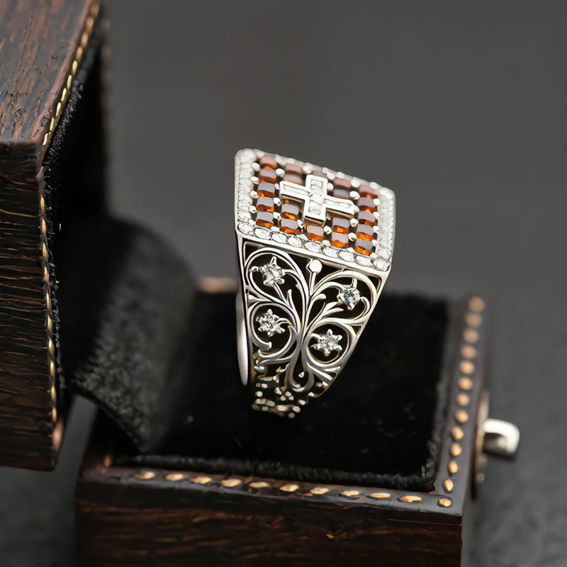 Sotiya Vintage Halo Coffee Cross Faith Men's Cluster Ring Sterling Silver-Sotiya