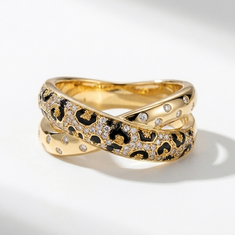 Sotiya Cross Leopard Print Black Enamel Ring Sterling Silver-Sotiya
