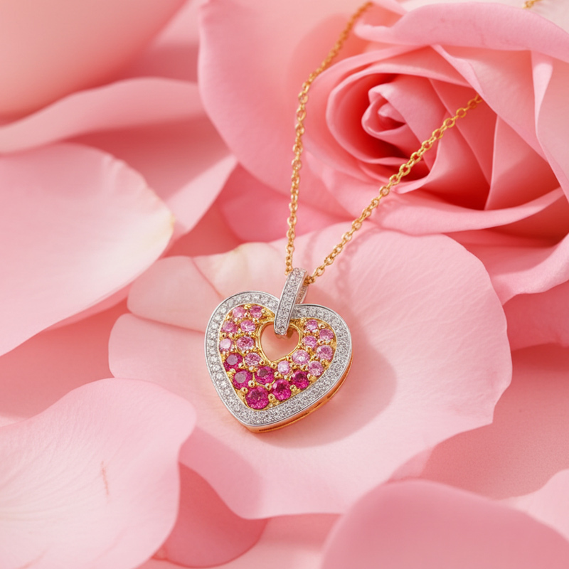 Sotiya Gradient Hot Pink Round Cut Halo Heart Necklace Sterling Silver
