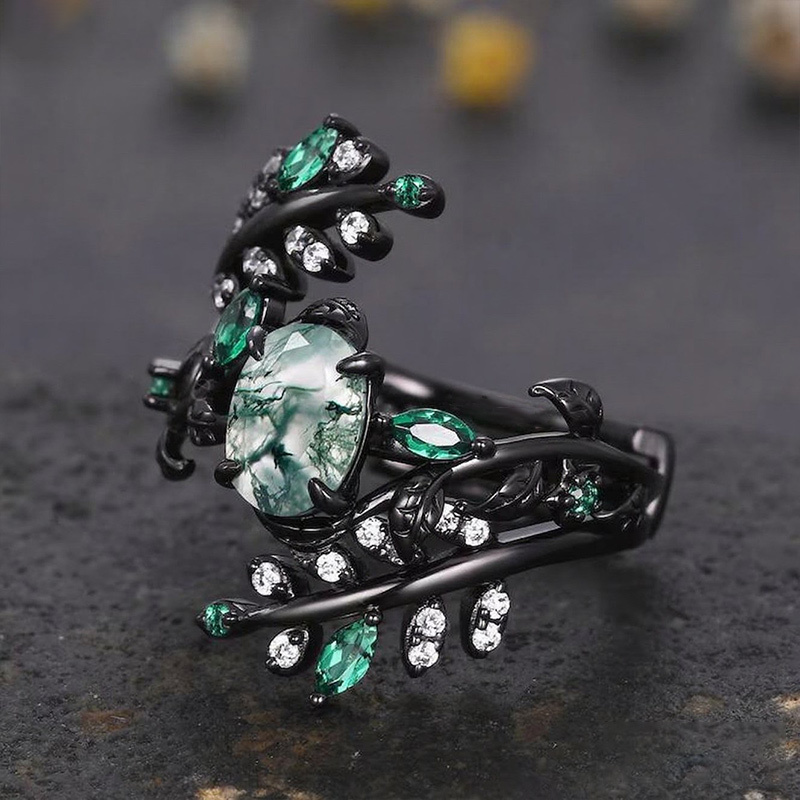 Sotiya Vintage Nature Inspired Oval Cut Green Moss Agate Enhancer Wedding Bridal Ring Set Sterling Silver-Sotiya