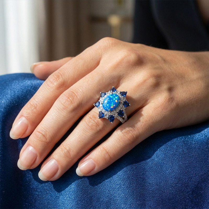 Sotiya Halo Oval Cut Lab Grown Opal Engagement Ring Sterling Silver