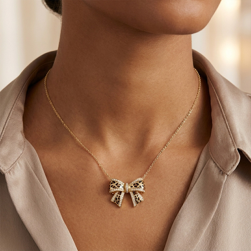 Sotiya Leopard Print Bowknot Enamel Necklace Sterling Silver-Sotiya