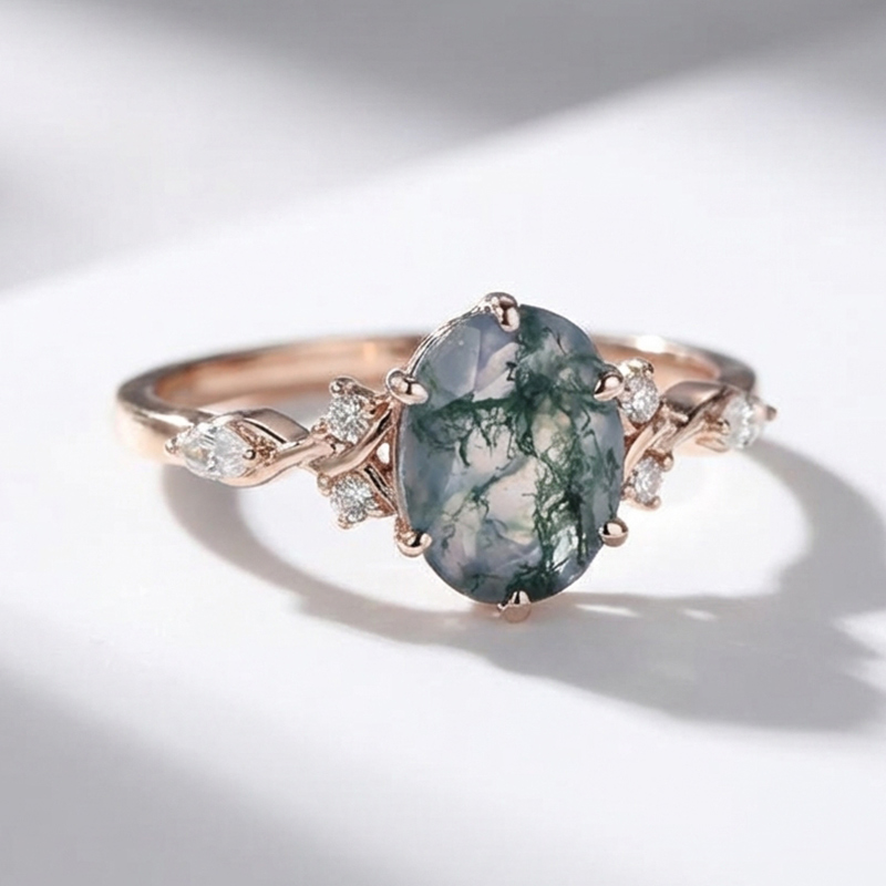 Sotiya Twisted Vine Moss Agate Oval Cut Engagement Ring Sterling Silver-Sotiya