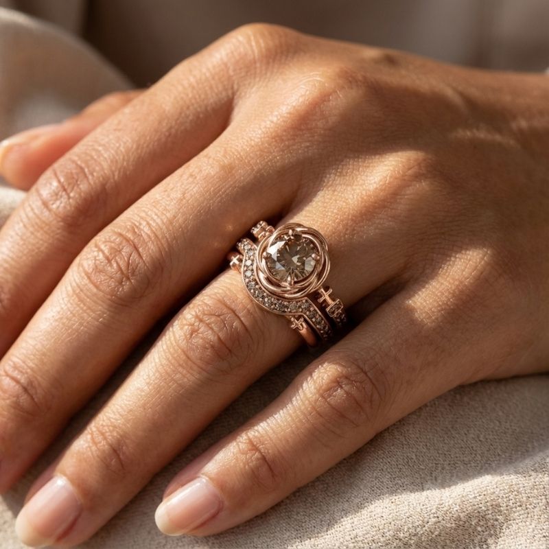 Sotiya 3PC Rose Design Faith Cross Coffee Round Cut Wedding Bridal Ring Set Sterling Silver-Sotiya