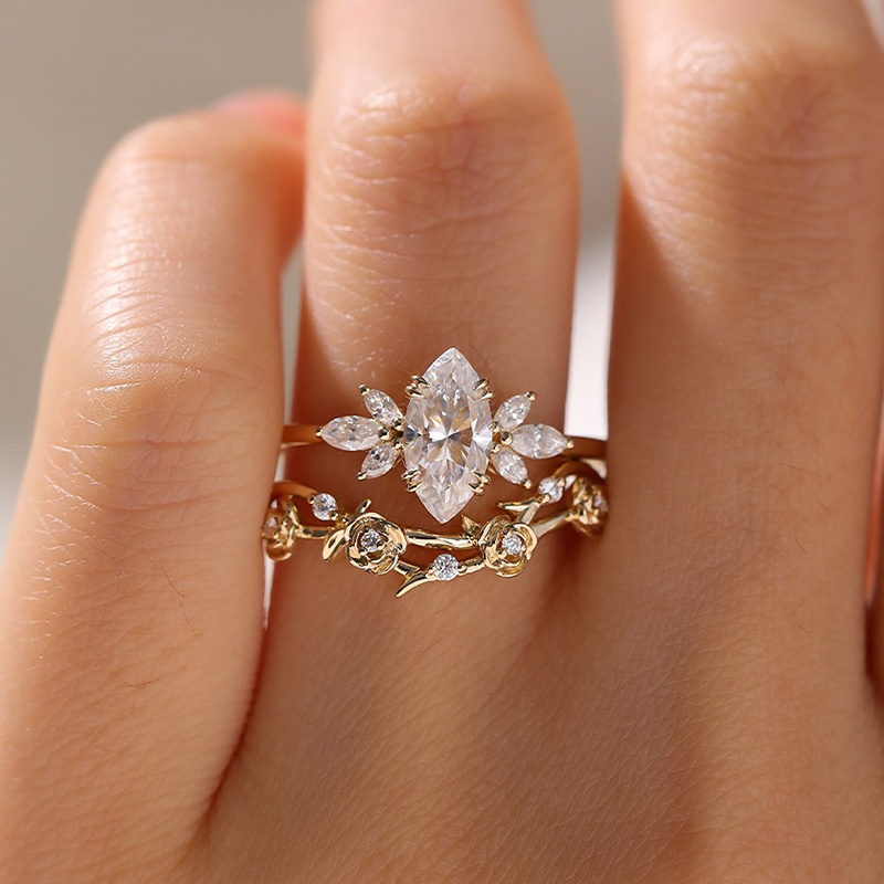 Sotiya Vintage Floral Marquise Cut Wedding Bridal Ring Set Sterling Silver-Sotiya