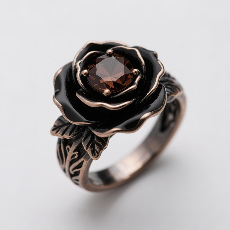 Sotiya Gothic Flower Black Enamel Round Cut Coffee Cocktail Ring Sterling Silver-Sotiya