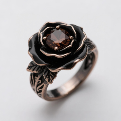 Sotiya Gothic Flower Black Enamel Round Cut Coffee Cocktail Ring Sterling Silver-Sotiya