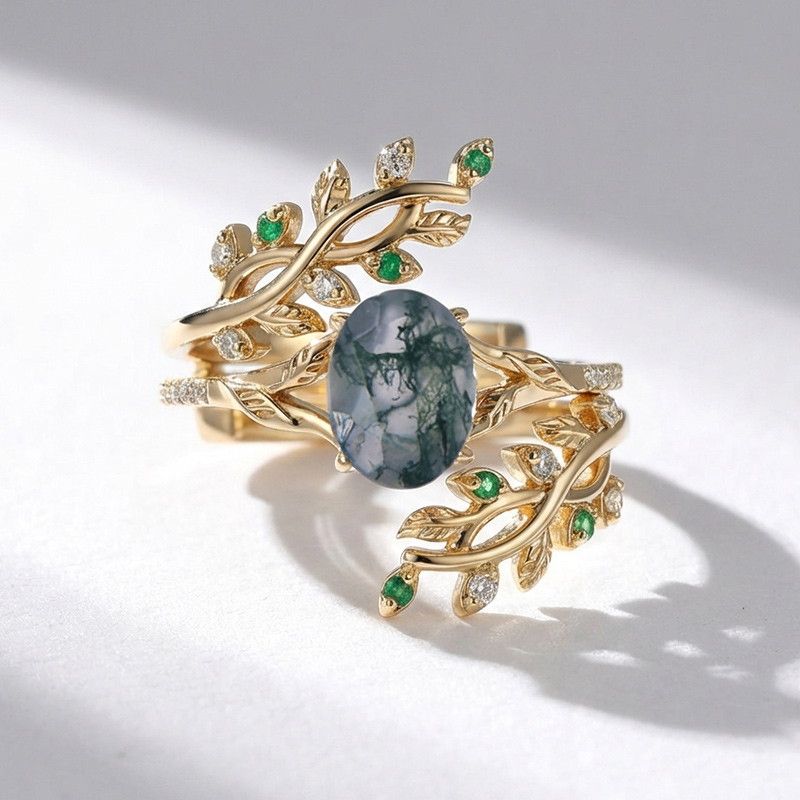 Sotiya Oval Cut Moss Agate Vine Leaf Design Wedding Bridal Ring Set Sterling Silver-Sotiya