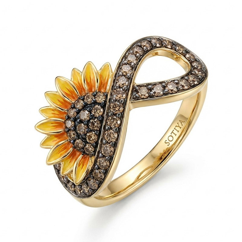Sotiya Artist Collection Coffee Sunflower Infinity Enamel Cocktail Ring Sterling Silver-Sotiya