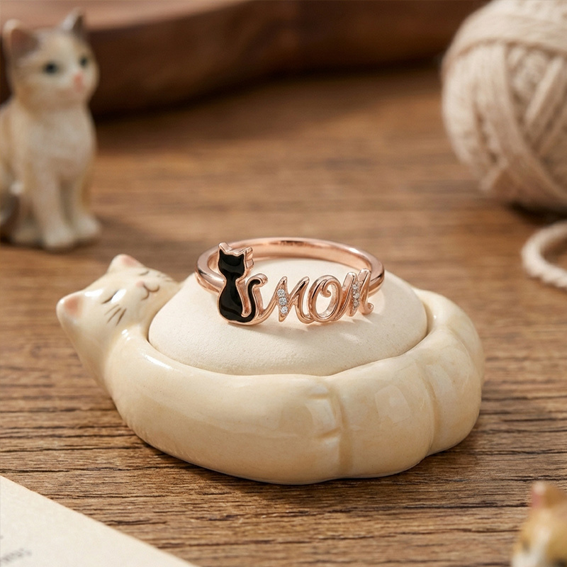 Sotiya Black Cat "MOM" Enamel Ring Sterling Silver-Sotiya