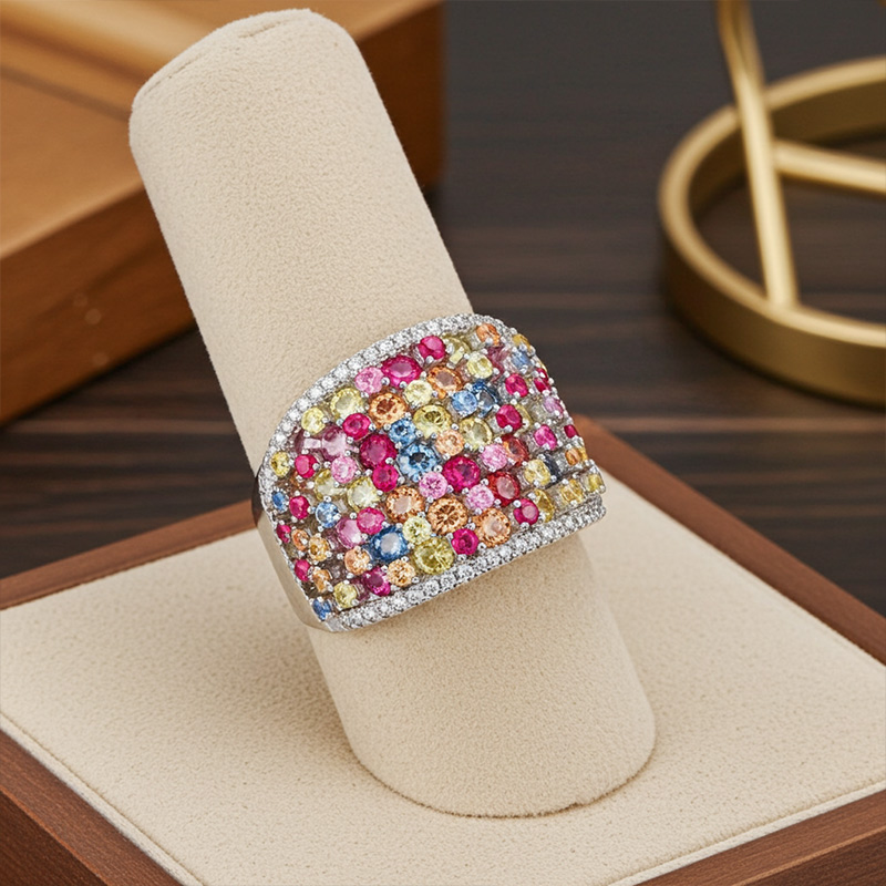 Sotiya Multi Colored Round Cut Wide Band Women's Wedding Ring Sterling Silver