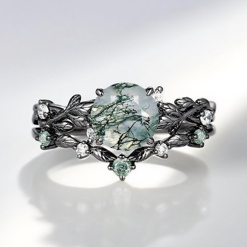 Sotiya Nature Inspired Round Cut Green Moss Agate Wedding Bridal Ring Set Sterling Silver-Sotiya