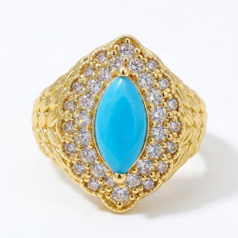 Sotiya Nature Inspired Leaf Halo Marquise Cut Turquoise Open Ring 18K/White Gold Plated