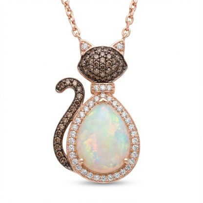 Sotiya Cat Design Halo Opal Pear Cut Coffee Necklace Sterling Silver-Sotiya
