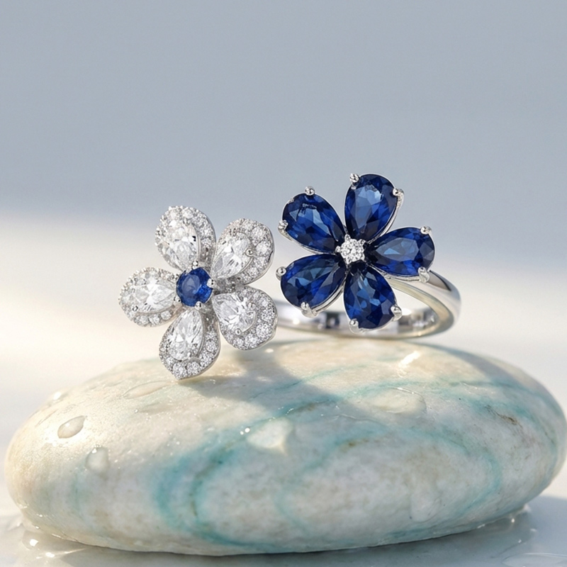 Sotiya Two Flower Lab Grown Blue Sapphire Pear Cut Cocktail Ring Sterling Silver