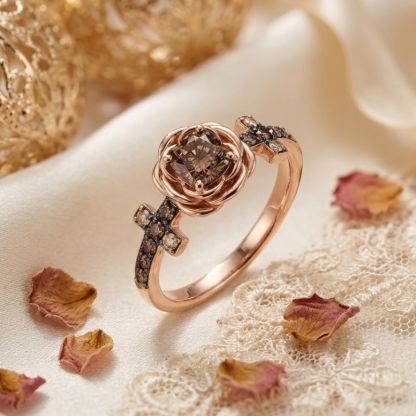 Sotiya Rose Design Faith Cross Coffee Round Cut Engagement Ring Sterling Silver-Sotiya