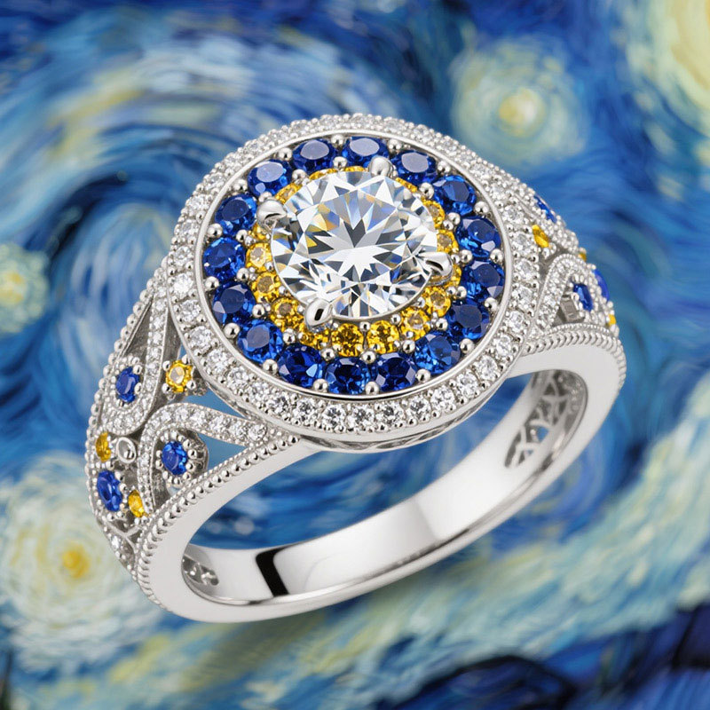Sotiya Artist Collection Famous Painting Starry Night Triple Halo Round Cut Vintage Engagement Ring Sterling Silver-Sotiya