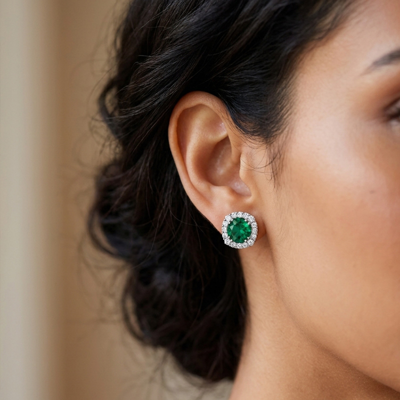 Sotiya Emerald Green Round Cut Halo Stud Earrings Sterling Silver