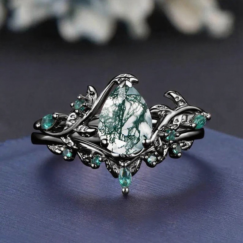 Sotiya Nature Inspired Pear Cut Green Moss Agate Wedding Bridal Ring Set Sterling Silver-Sotiya