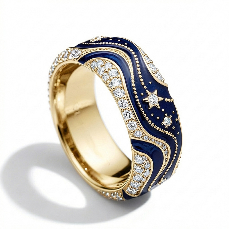 Sotiya Artist Collection Famous Painting Enamel Starry Night Curve Curl Design Women's Wedding Ring Band Sterling Silver Christmas Gift-Sotiya