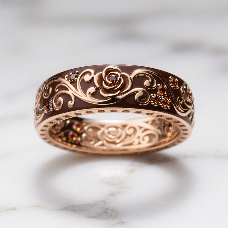 Sotiya Victorian Rococo Flower Enamel Round Cut Coffee Women's Wedding Ring Sterling Silver-Sotiya