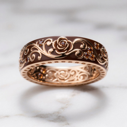 Sotiya Victorian Rococo Flower Enamel Round Cut Coffee Women's Wedding Ring Sterling Silver-Sotiya