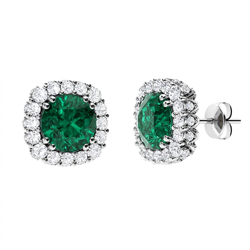 Sotiya Emerald Green Round Cut Halo Stud Earrings Sterling Silver