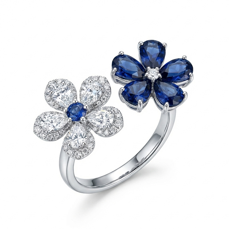 Sotiya Two Flower Lab Grown Blue Sapphire Pear Cut Cocktail Ring Sterling Silver