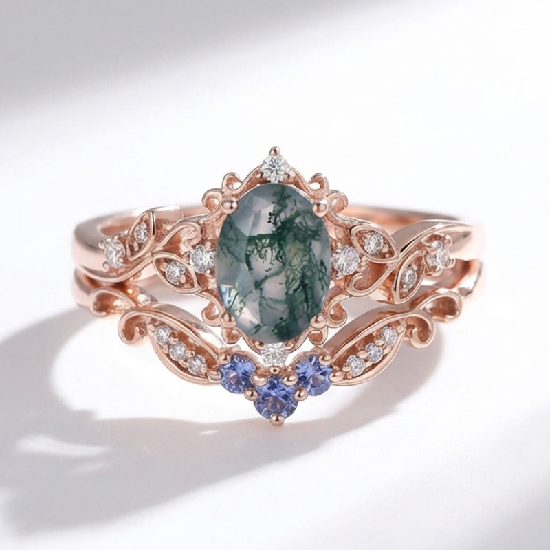 Sotiya Vintage Cornflower Moss Agate Oval Cut Wedding Bridal Ring Set Sterling Silver-Sotiya