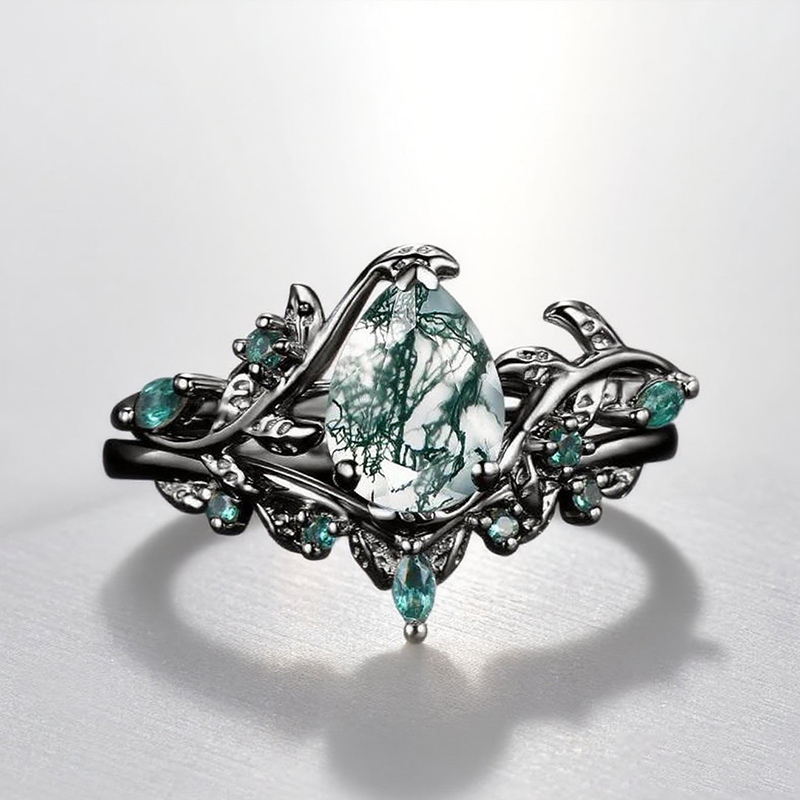 Sotiya Nature Inspired Pear Cut Green Moss Agate Wedding Bridal Ring Set Sterling Silver-Sotiya
