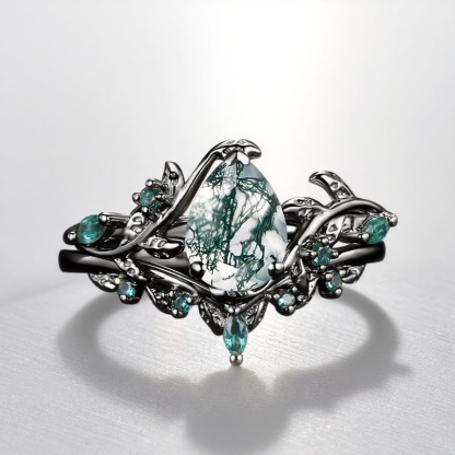 Sotiya Nature Inspired Pear Cut Green Moss Agate Wedding Bridal Ring Set Sterling Silver-Sotiya
