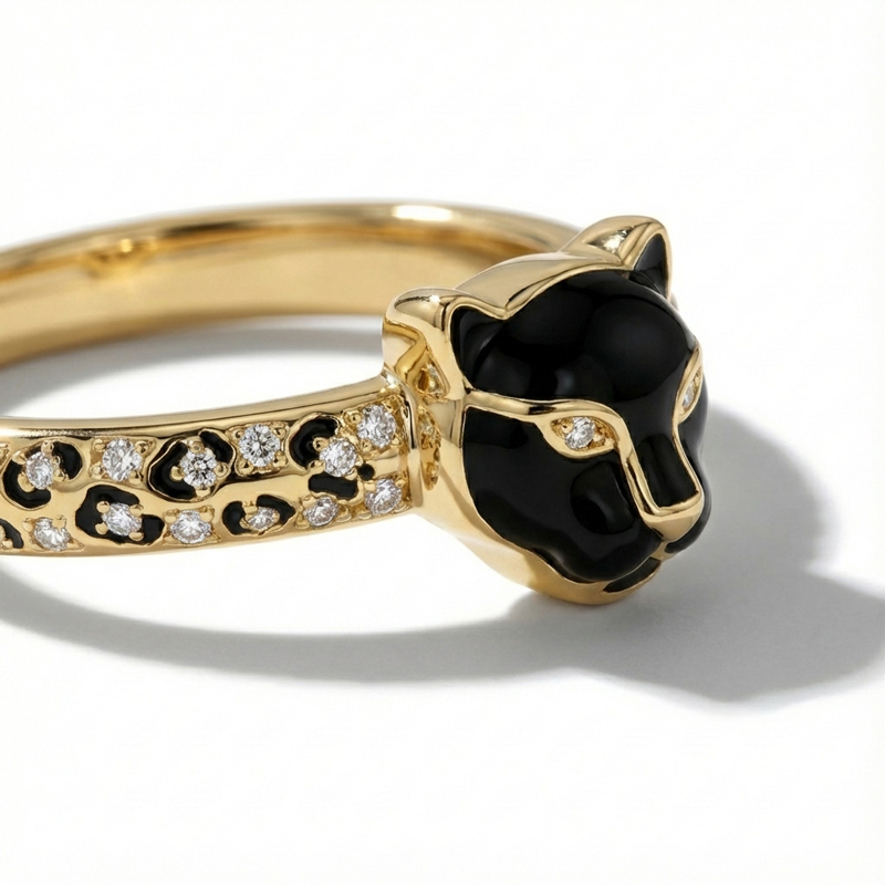 Sotiya Leopard Head Design Leopard Print Black Enamel Ring Sterling Silver-Sotiya