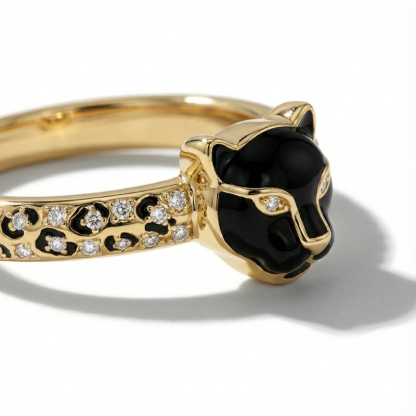 Sotiya Leopard Head Design Leopard Print Black Enamel Ring Sterling Silver-Sotiya