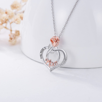 Sotiya Heart-shaped Mom Engraved Rose Pendant Necklace Sterling Silver-Sotiya