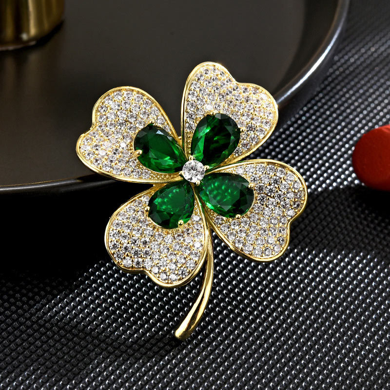 Sotiya Four Leaf Clover Pear Cut Emerald Green Brooch-Sotiya