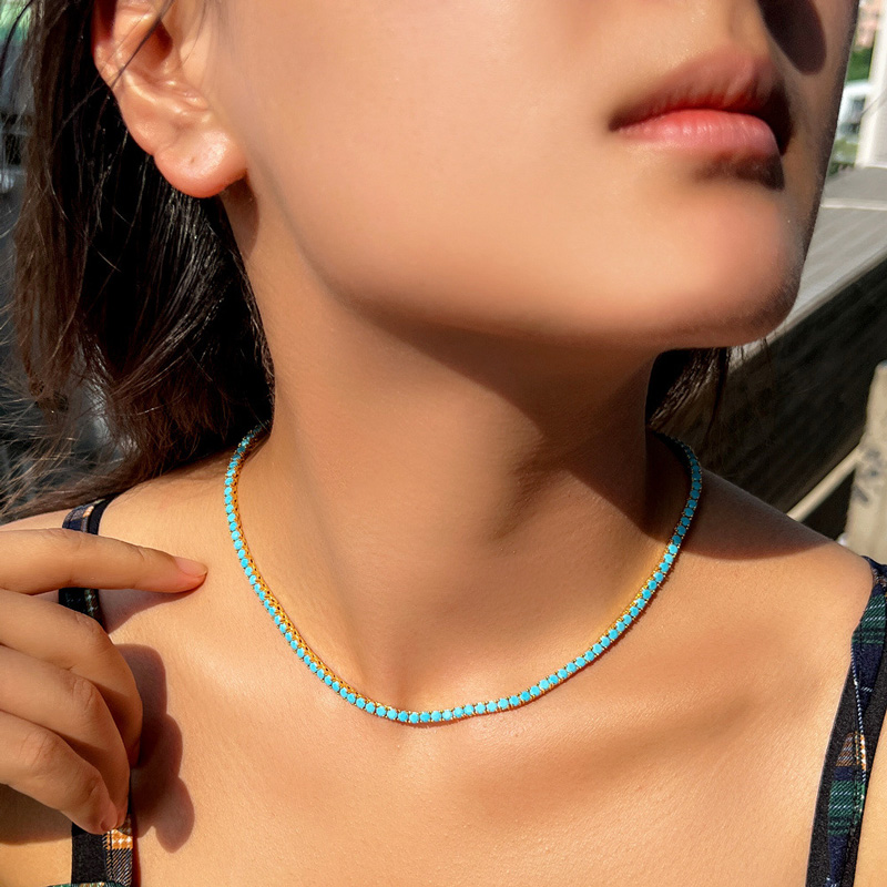 Sotiya Blue Turquoise Clavicle Chain Tennis Necklace-Sotiya