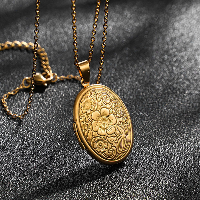 Sotiya Vintage Floral Print Oval Personalized Photo Locket Necklace Stainless Steel-Sotiya